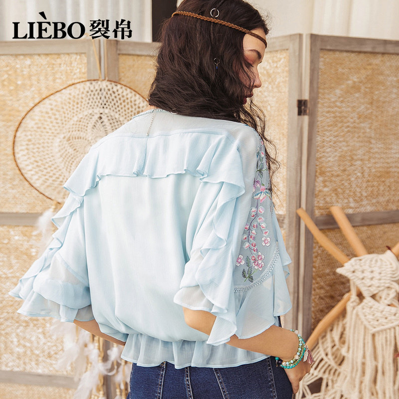 裂帛v领花边女2020新款夏装雪纺衫 裂帛立天蕾丝衫/雪纺衫