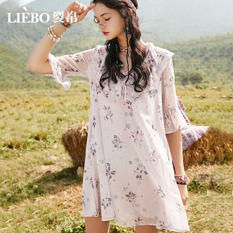 裂帛雪纺2020夏季新款v领碎花裙子 裂帛立天连衣裙