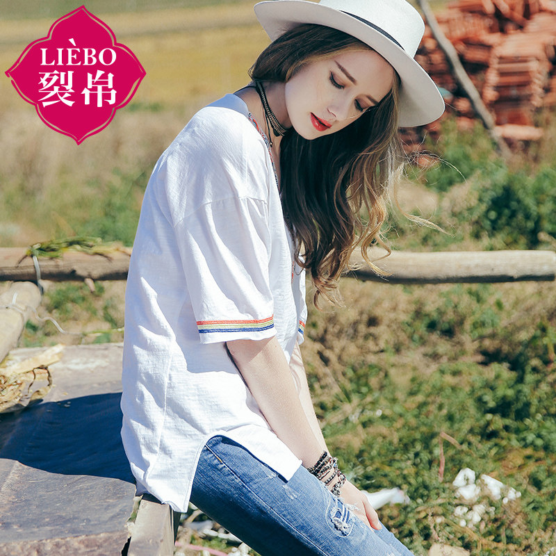 裂帛中长款白色短袖t恤女打底衫 裂帛立天T恤