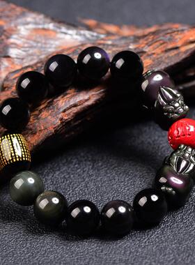 礼物朱砂心经双貔貅手链男女天然彩虹眼黑曜石彩虹眼单圈手串