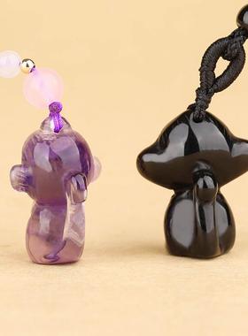天然紫水晶生肖猴吊坠立体卡通3D手工雕刻小猴子黑曜石男女款项链
