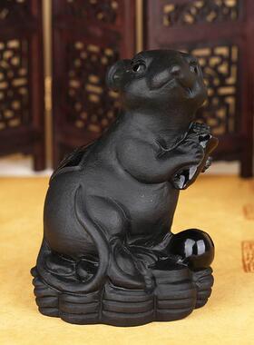 天然黑曜石老鼠摆件吉祥物12生肖鼠家居饰品摆设蛇年黑色水晶雕塑