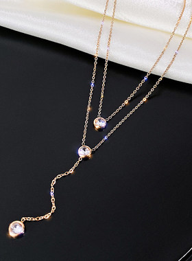 网红时尚气质小仙女多层双层水钻玫瑰金项链锁骨链百搭钛钢饰品女