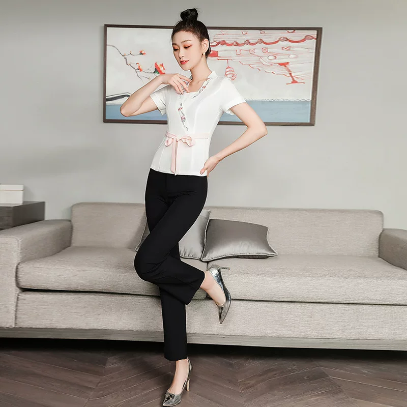 [2024夏季新款美容院美容技师服足浴店足疗师长裤套装气质端]