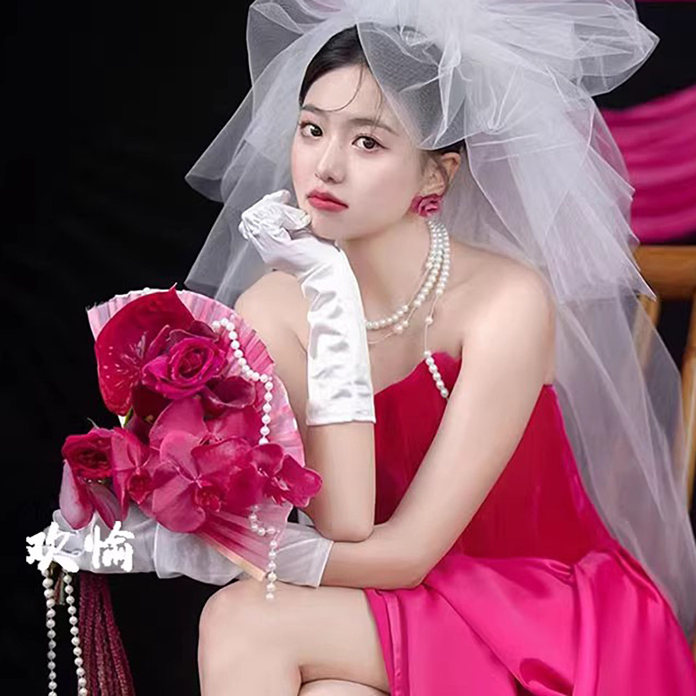 欧美高级感PU皮手套芭比粉色紧身性感摩登玫红色辣妹摄影婚纱礼服,淘宝优惠券,粉丝福利购,淘宝优惠卷