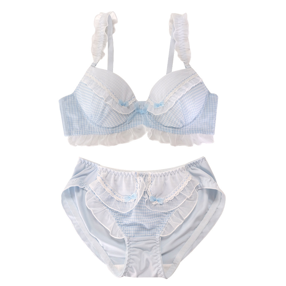 可爱格子内衣大胸套装萝莉日系甜美小胸聚拢二次元纯欲薄款文胸罩 - 图3