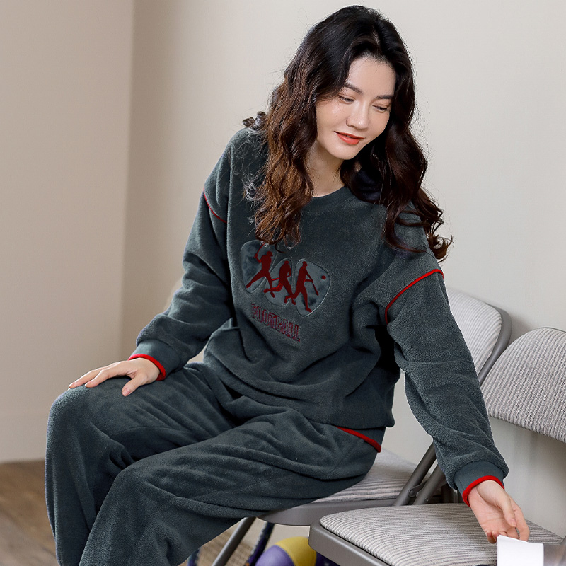 睡衣女款冬季珊瑚绒加厚加绒法兰绒秋冬款保暖套头家居服秋冬套装 - 图2