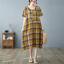Plaid name Yuanyuan lenient high-end Jian cotton numb dress womens numb 2022 foreign paite mother summer thin linen