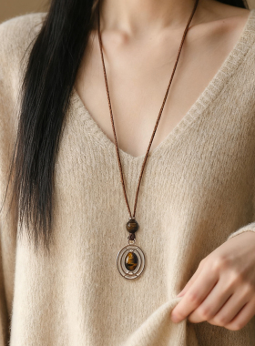 复古虎眼石项链长款莫瑞风毛衣链