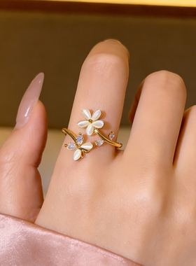 金色花朵开口戒指女款轻奢高级感