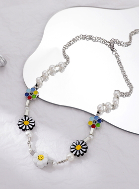 欧美太阳花笑脸拼接项链不掉色