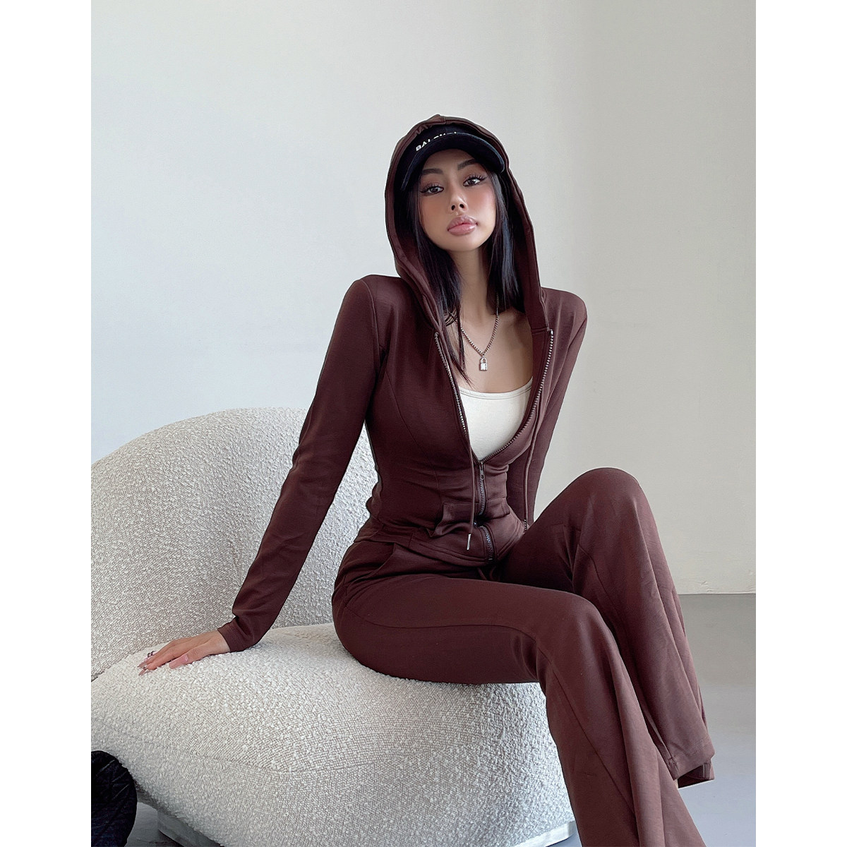 liviahome 辣妹拉链收腰上衣连帽卫衣套装抽绳微喇休闲裤两件套女,淘宝优惠券,粉丝福利购,淘宝优惠卷