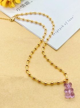 原创设计波西米亚天然珍珠颈链小熊金珠手工项链ins风简约锁骨链