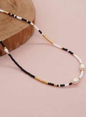 MLGM新款秋冬冷淡风黑白玻璃珠锁骨链天然珍珠米珠手工串珠项链女