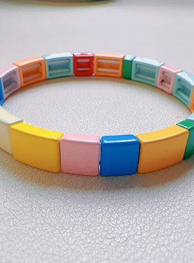 MLGM原创小众波西米亚彩虹糖果色合金手链 个性春夏新款方块手串