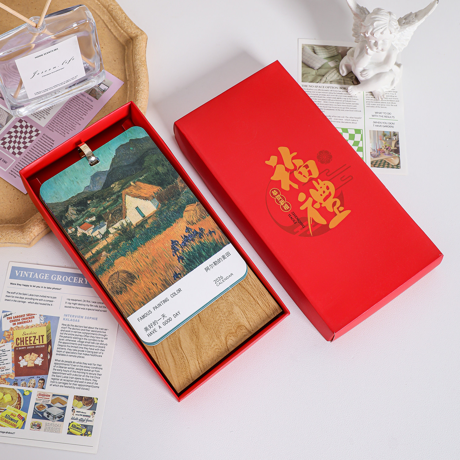 2026年新款台历创意油画封面日历礼盒装木质年历办公用品定制LOGO,淘宝优惠券,粉丝福利购,淘宝优惠卷