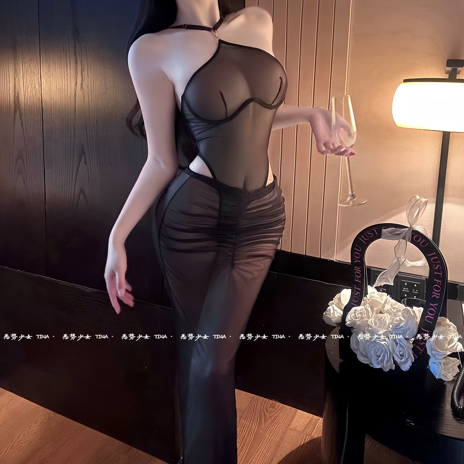 一览无余！新款黑色网纱透视长裙性感提拉挂脖连体衣配塑身薄纱裙,淘宝优惠券,粉丝福利购,淘宝优惠卷