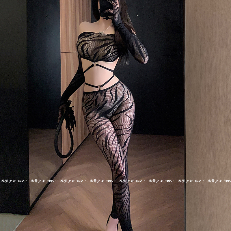 野豹喵喵~禁欲系黑色御姐连体衣性感欧美斑马纹渔网衣辣妹氛围感 - 图3