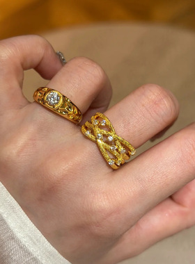 新款v金材质熔岩戒指金色太阳花镶圆锆石宽版开口小众精致指环