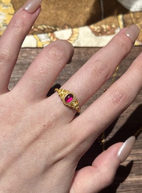 v金材质保色珍珠红石榴戒指古法宫廷风轻奢气质指环可调节