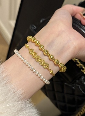 新款v金材质碎冰冰五帝币手链猫眼珠纳福中古气质伸缩珠精致