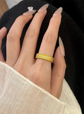 高品质v金材质不掉色越南沙金古法黄金色点钻麦穗戒指潮流高级