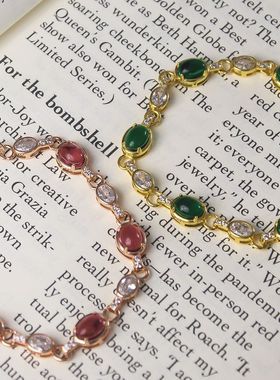 祖母绿老钱风镶钻红刚玉高级感手饰鸽子蛋彩宝Vintage复古手链女