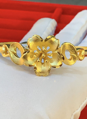 古法沙金手镯女款镀金花朵镯子
