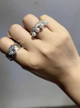 SCANDIUM小众设计爱心锆石珍珠皇冠戒指套组日韩粉色珍珠桃心戒指