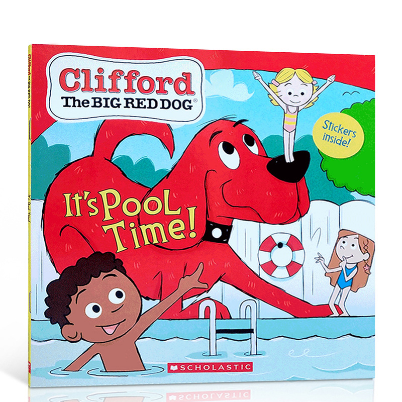 英文原版 Clifford It's Pool Time游泳池时间到了大红狗克里弗系列附贴纸宝宝早教绘本英语启蒙睡前图画故事书2020新款-图3