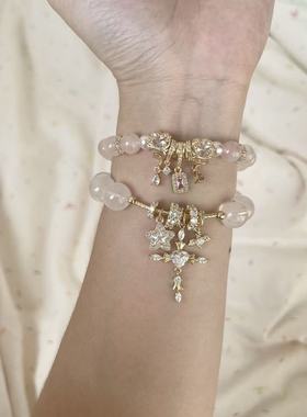 现货多面体原创天然粉水晶手链手串爱心十字架