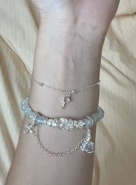 多面体原创 天然海蓝宝手链手串爱心钥匙爱心吊坠海蓝宝手链手串