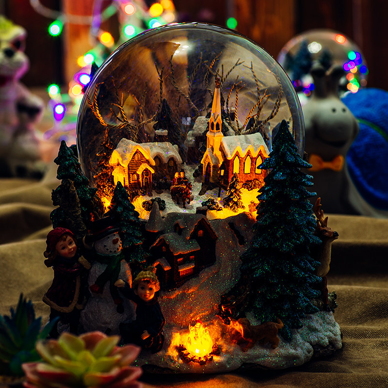 JARLL水晶球音乐盒圣诞礼物村庄雪景送女生爱人生日圣诞节礼物