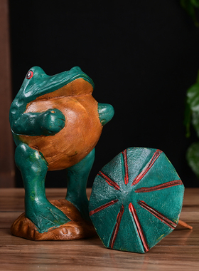 泰国进口东南亚纯手工实木雕刻动物摆件木雕青蛙打伞装饰礼品摆件