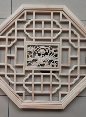 八角形仿古花格电视背景东阳木雕