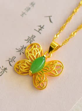 天然和田玉碧玉小蝴蝶吊坠项链女s925纯银镀金玉石项坠原创高级感