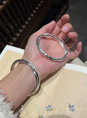 默言 月满推拉手工足银999纯银手镯女款手环送女友礼物纯手工手镯