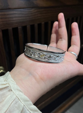 芳华 足银999贴金纯银手镯开口镯子送女友礼物纯手工錾刻牡丹花