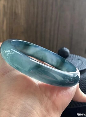 天然缅甸老坑透冰种翡翠手镯女冰种蓝水飘花正装乌鸡镯宽轮胎玉镯