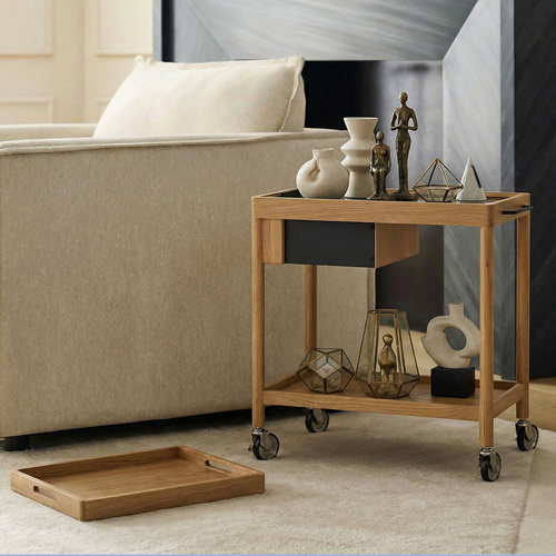 复古实木边几北欧客厅可移动小推车中古沙发推拉茶几置物架酒水车 - 图3