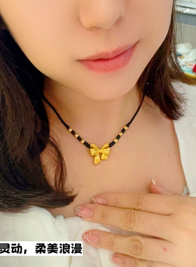 个性黑绳在逃公主蝴蝶结吊坠项链越南沙金镀金精致项链久不掉色
