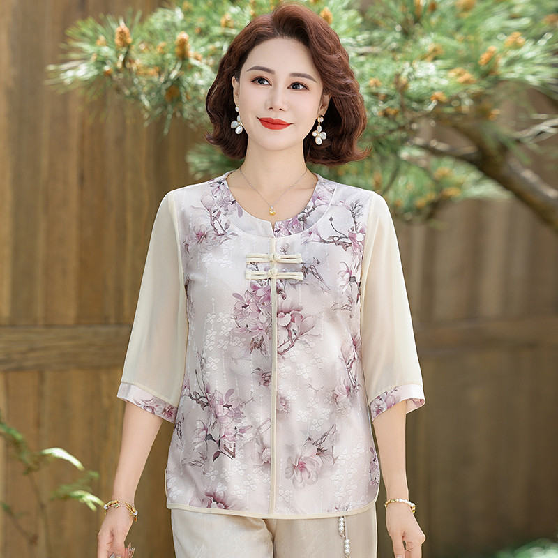 中老年人女装套装妈妈夏装国风新中式雪纺小衫短袖t恤薄款上衣服,淘宝优惠券,粉丝福利购,淘宝优惠卷