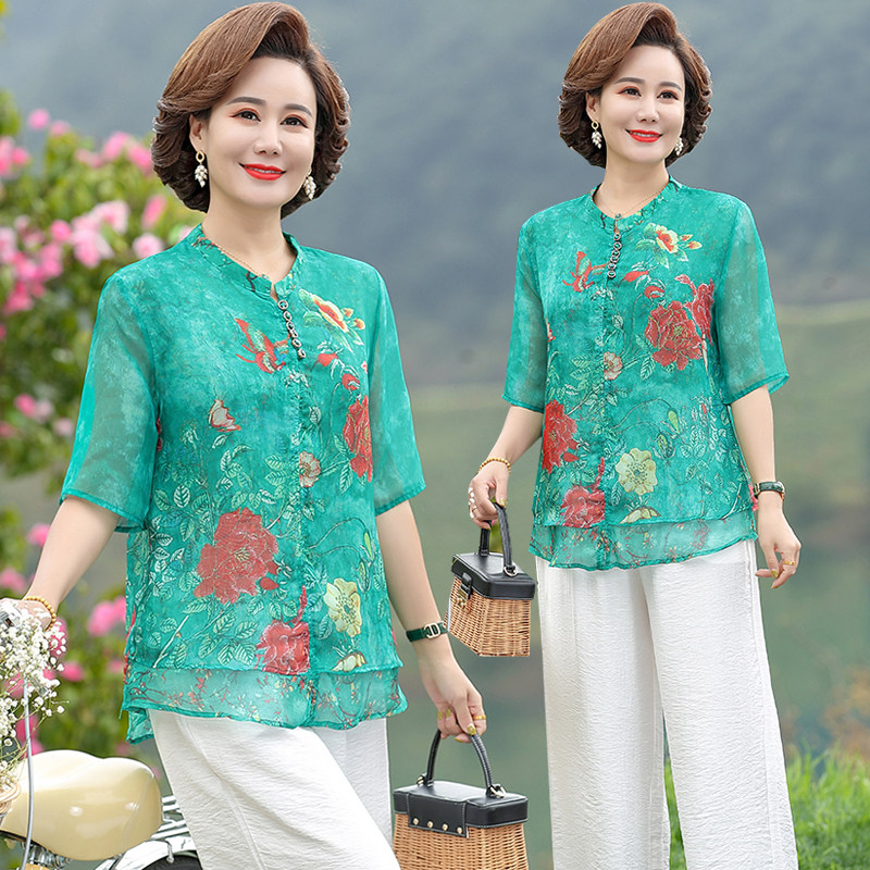 妈妈夏装短袖上衣洋气减龄套装中老年女装雪纺小衫两件套2025新款,淘宝优惠券,粉丝福利购,淘宝优惠卷