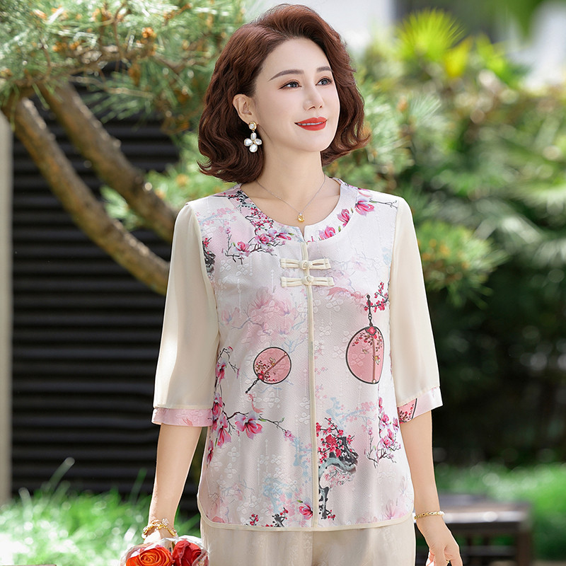 中老年人女装套装妈妈夏装国风新中式雪纺小衫短袖t恤薄款上衣服,淘宝优惠券,粉丝福利购,淘宝优惠卷