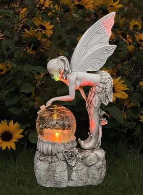 新款太阳能灯花仙子摆件花园水晶球女孩雕像童话装饰品树脂工艺品