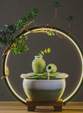 新中式陶瓷开业礼品圈流水工艺品摆件玄关客厅装饰桌面喷泉盆景灯