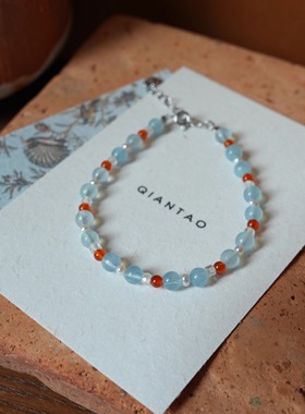QIANTAO「归舟」原创天然海蓝宝手链淡水珍珠红玛瑙女生百搭礼物