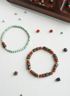 QIANTAO「椿野」天然芽庄奇楠沉香手串绿松石南红多宝情侣礼物