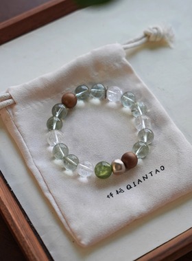 QIANTAO「山肆」原创天然高冰透绿水晶好运手串檀木银饰情侣礼物
