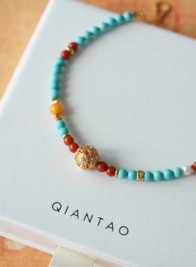 QIANTAO「舒翠」原创国风天然多宝南红珍珠蜜蜡蓝绿松石手链礼物